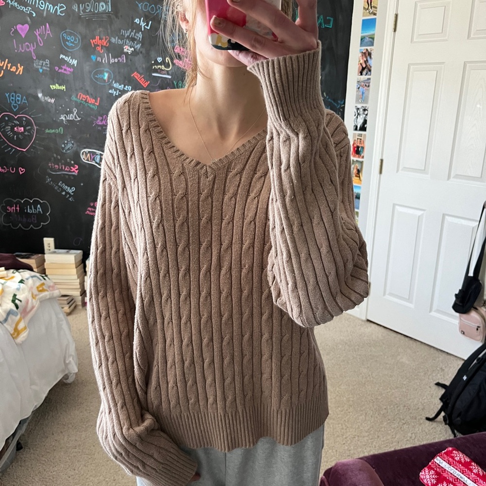 St. John's Bay Cream V-Neck Sweater with Cable Knit Design and Oversized Fit